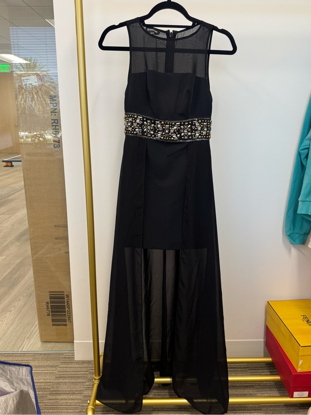 bebe Black Sleeveless Gown with Beaded Waist